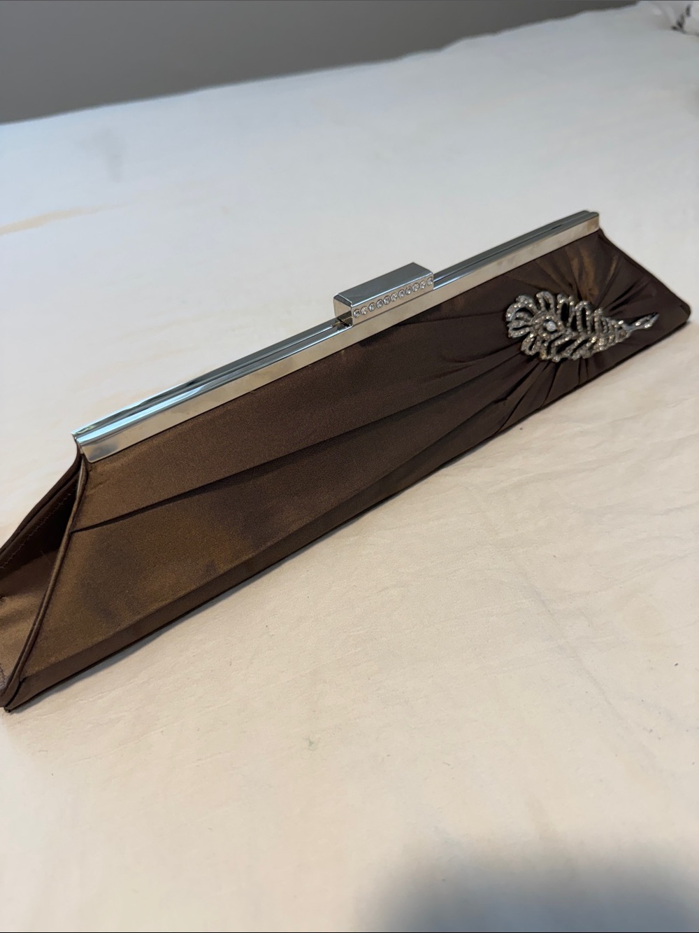 Inge Christopher Satin Brown Evening Clutch with Crystal Leaf Accent